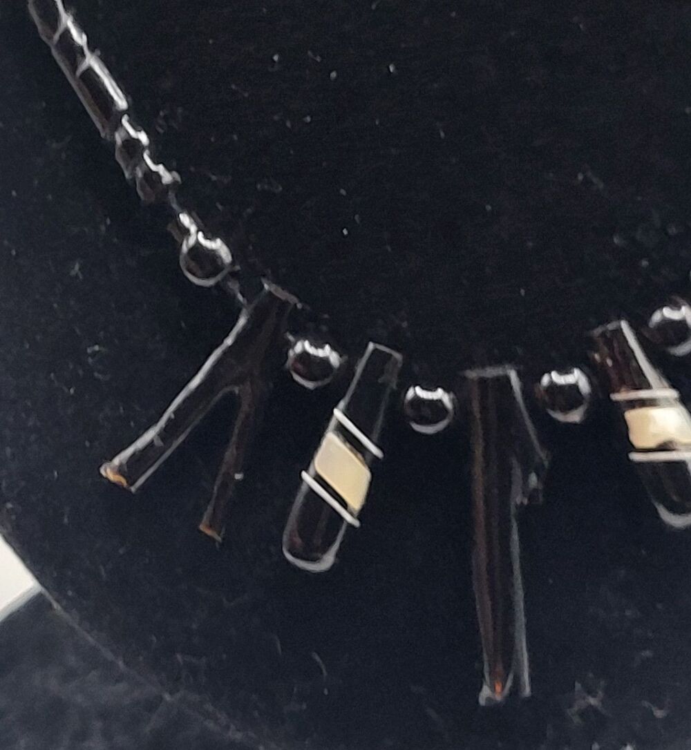 Vintage Artisan Black Coral Stick Bead Necklace Mother of Pearl Silver 70s 16in